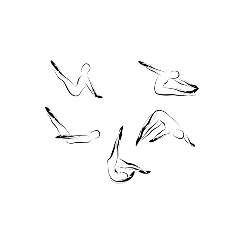 Line drawings of five Pilates mat exercises